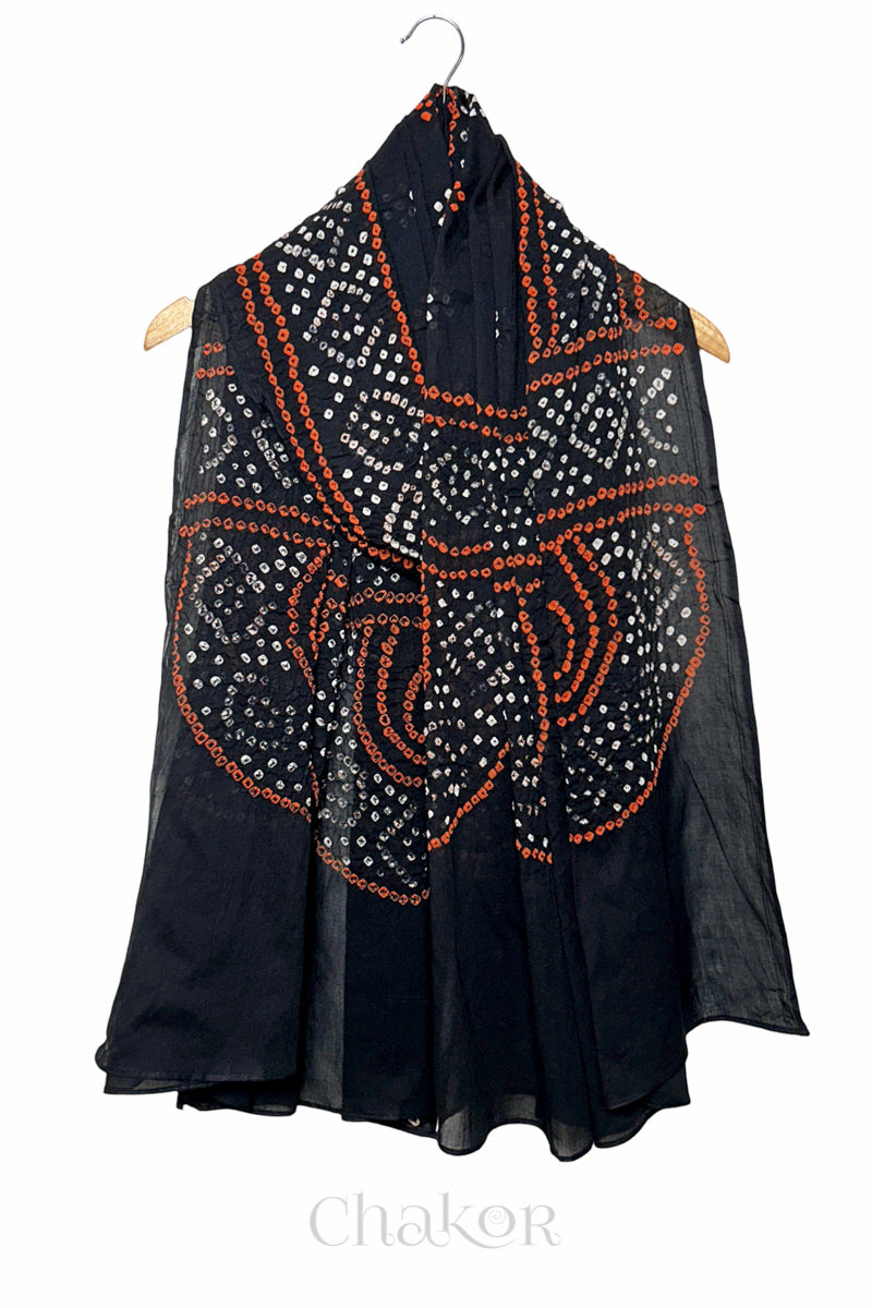 Black Bandhani Mul Cotton Dupatta in Traditional Design for Women's clothing online by Chakor.