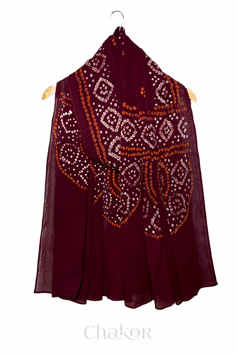 Maroon Bandhani Mul Cotton Dupatta in Traditional Design for Women's clothing online by Chakor.