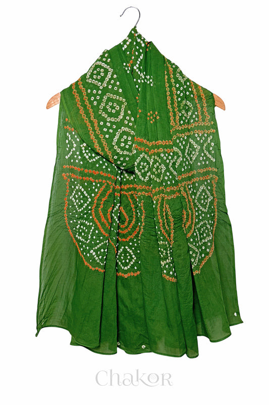 Mehendi Green Bandhani Mul Cotton Dupatta in Traditional Design for Women's clothing online by Chakor.