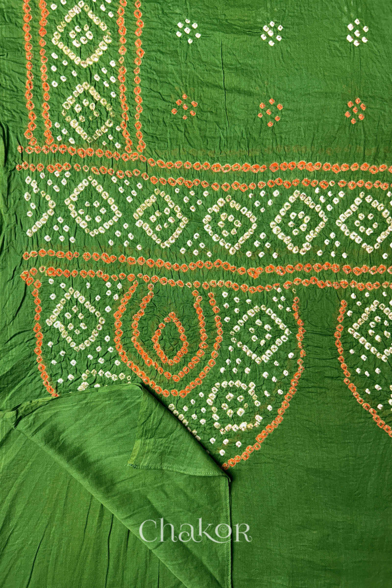 Mehendi Green Bandhani Mul Cotton Dupatta in Traditional Design for Women's clothing online by Chakor.