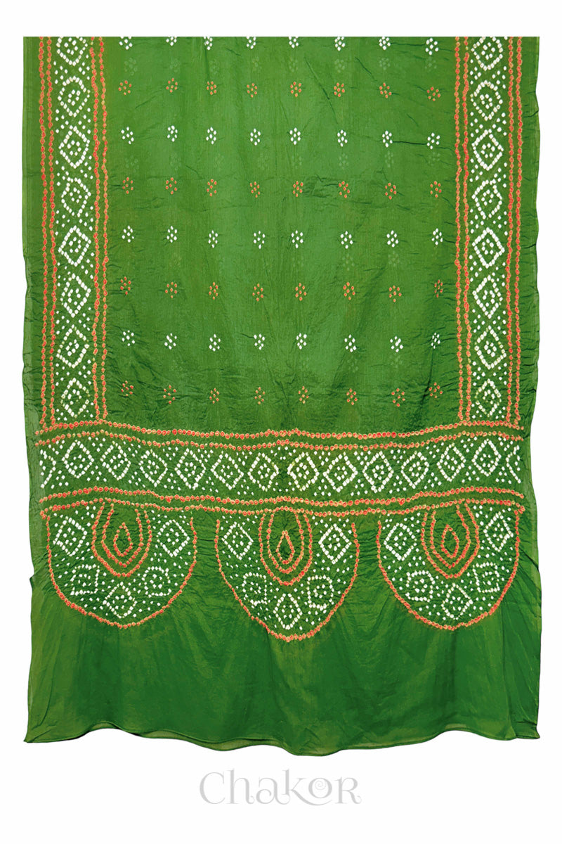 Mehendi Green Bandhani Mul Cotton Dupatta in Traditional Design for Women's clothing online by Chakor.