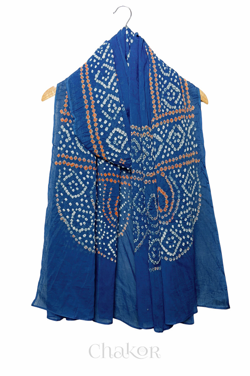 Indigo Bandhani Mul Cotton Dupatta in Traditional Design for Women's clothing online by Chakor.