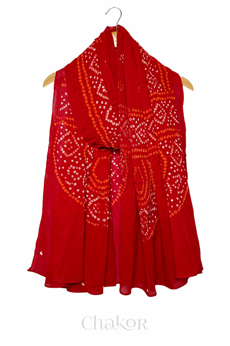 Red Bandhani Mul Cotton Dupatta in Traditional Design for Women's clothing online by Chakor.