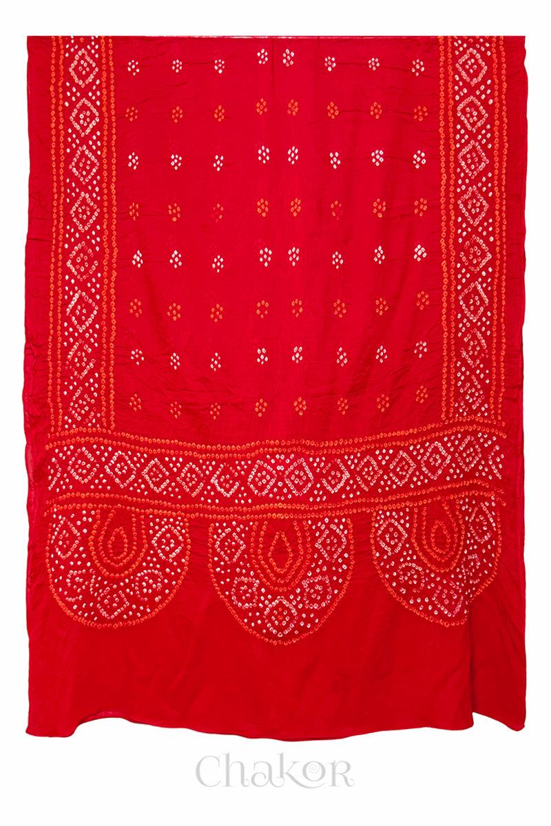 Red Bandhani Mul Cotton Dupatta in Traditional Design for Women's clothing online by Chakor.