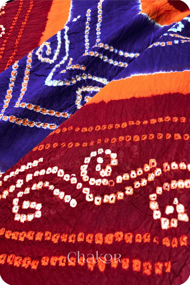 Red Purple Bandhani Mul Cotton Dupatta in Traditional Design for Women's clothing online by Chakor.