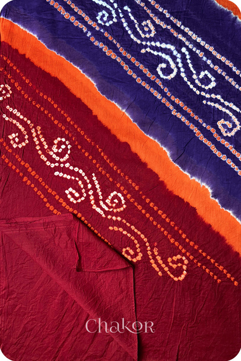 Red Purple Bandhani Mul Cotton Dupatta in Traditional Design for Women's clothing online by Chakor.