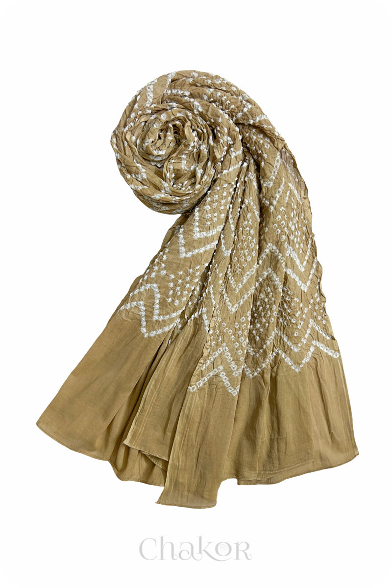 Beige Bandhani Mul Cotton Dupatta in Traditional  Design for Women's clothing online by Chakor.