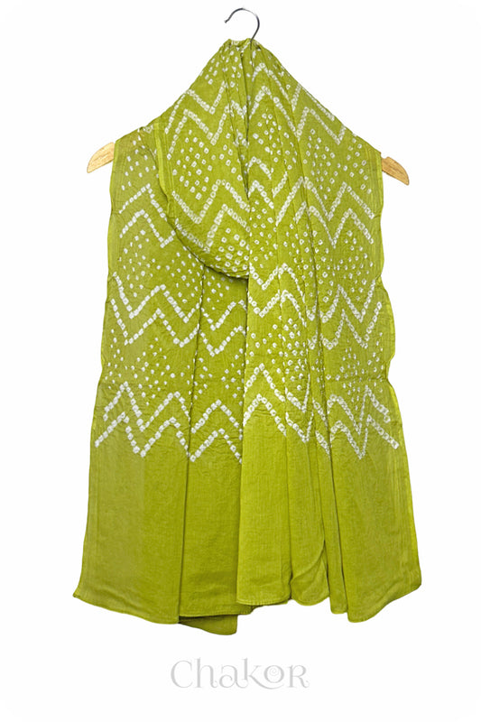 Lime Green Bandhani Mul Cotton Dupatta in Traditional  Design for Women's clothing online by Chakor.