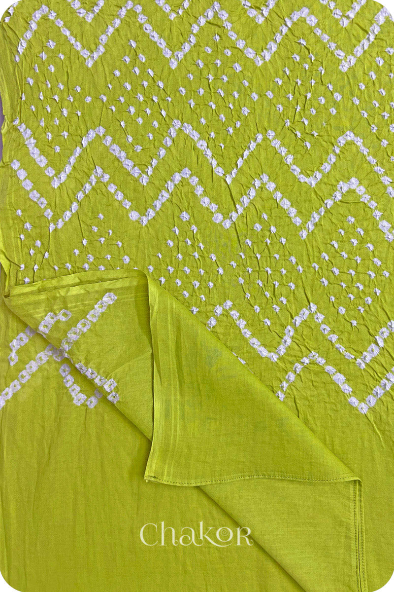 Lime Green Bandhani Mul Cotton Dupatta in Traditional  Design for Women's clothing online by Chakor.