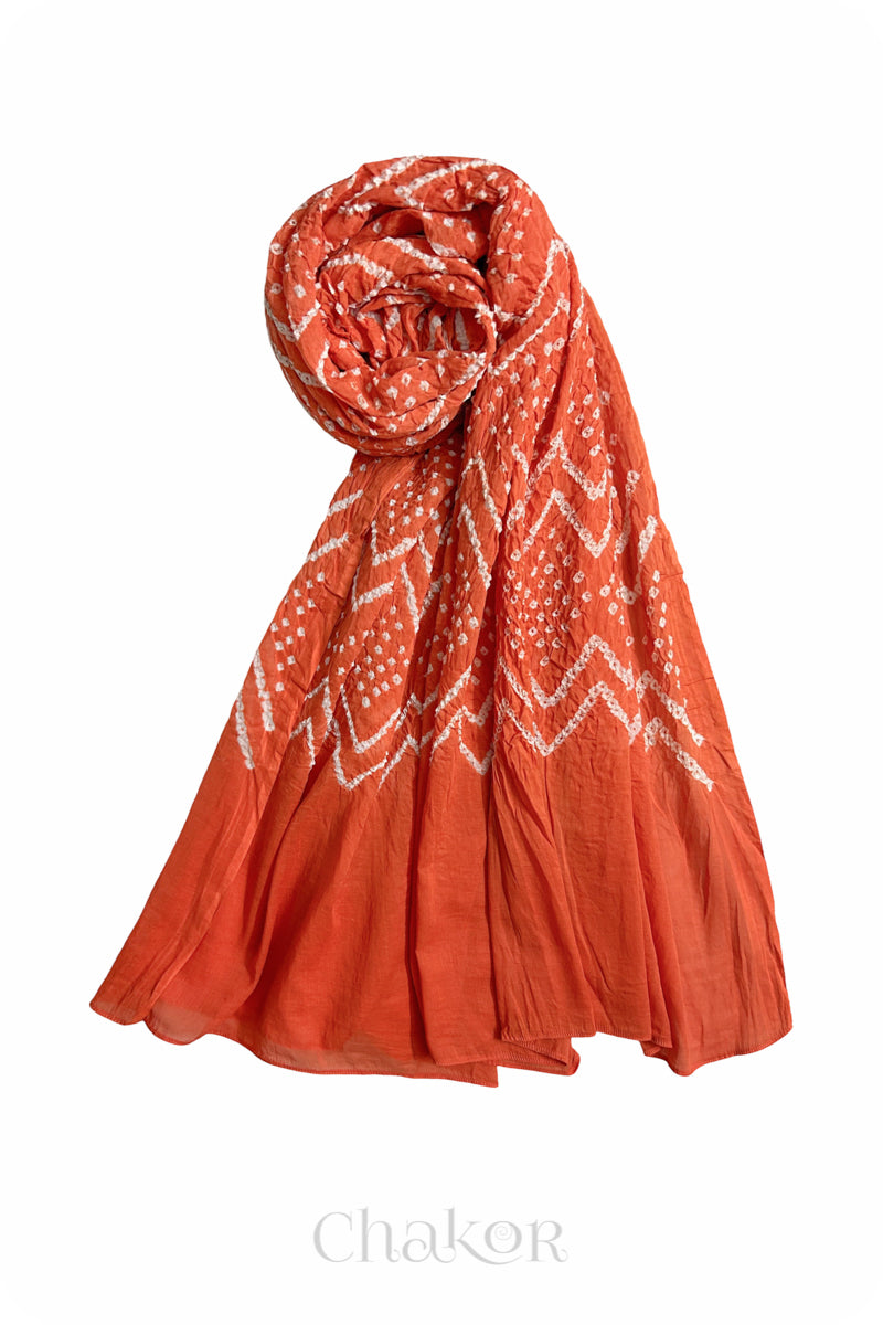 Peach Bandhani Mul Cotton Dupatta in Traditional  Design for Women's clothing online by Chakor.