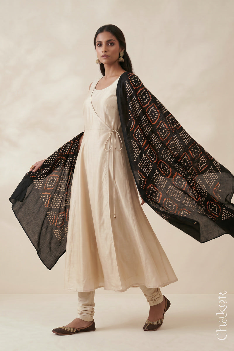 Black Bandhani Mul Cotton Dupatta | Handmade Kutch Bandhej