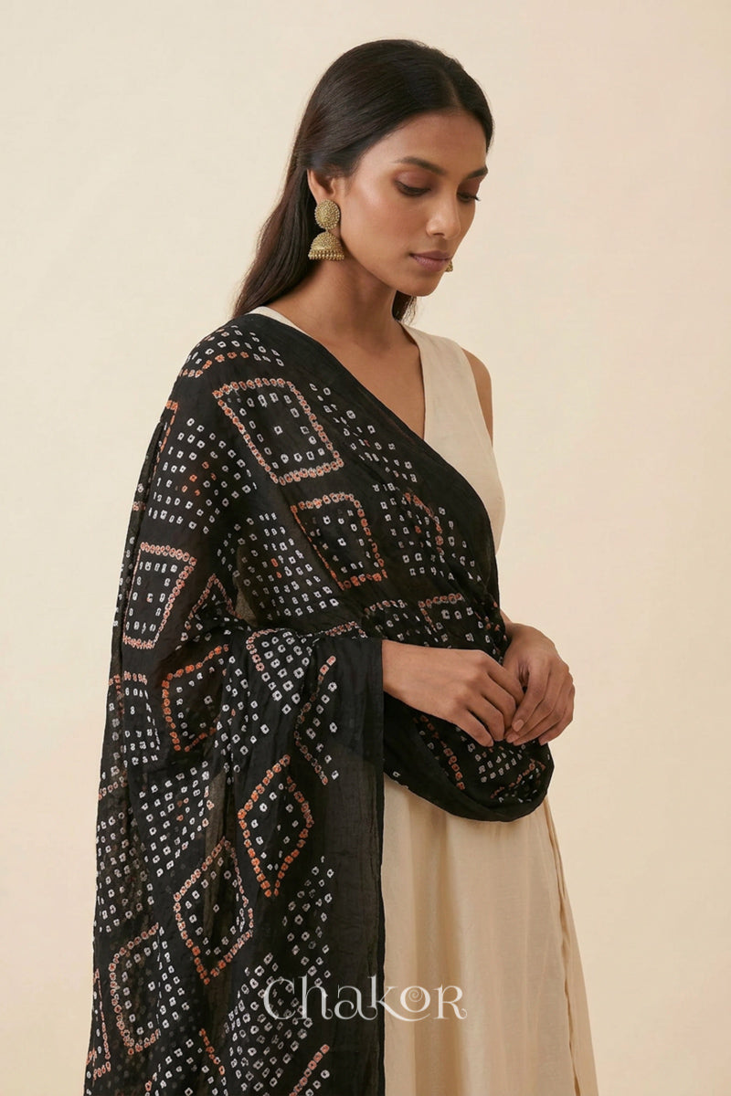 Black Bandhani Mul Cotton Dupatta | Handmade Kutch Bandhej