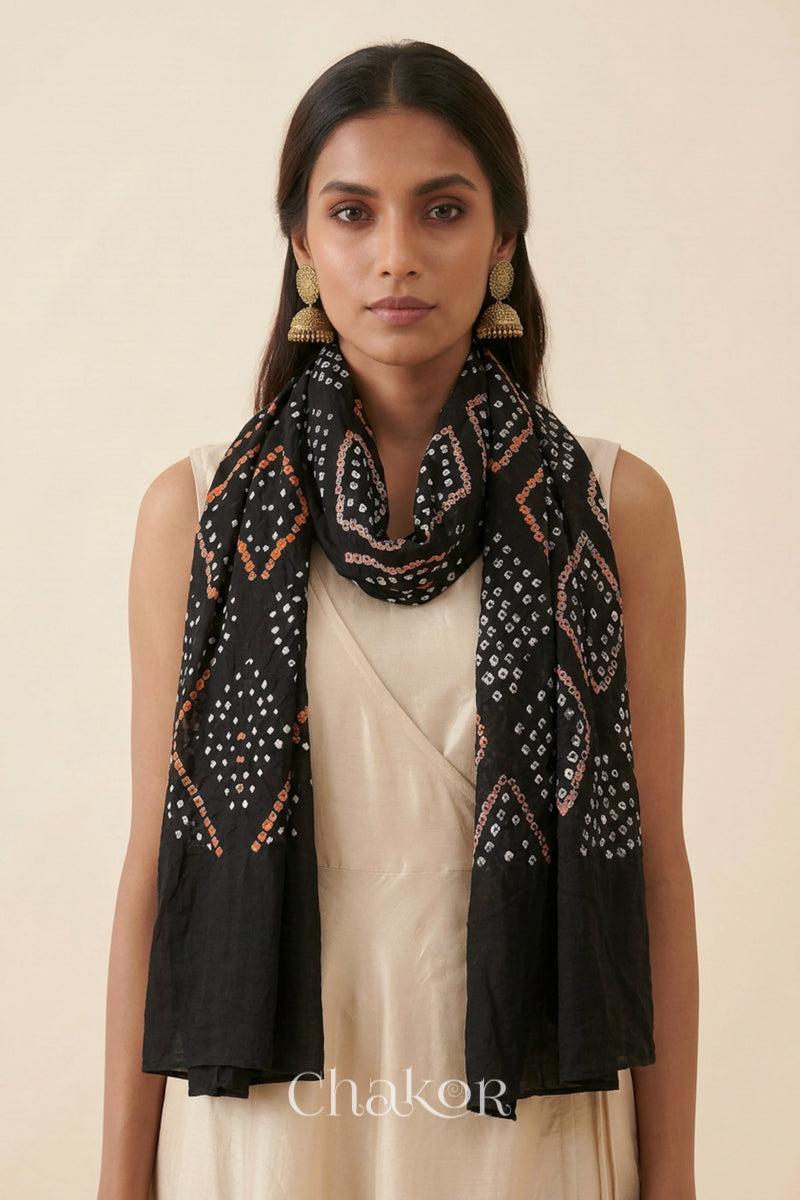 Black Bandhani Mul Cotton Dupatta | Handmade Kutch Bandhej