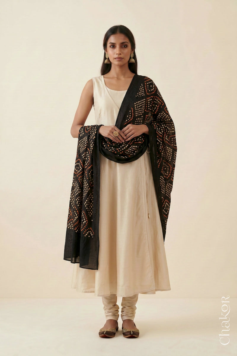Black Bandhani Mul Cotton Dupatta | Handmade Kutch Bandhej