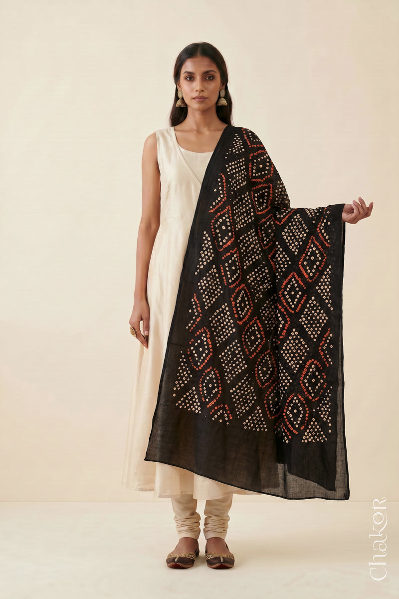 Black Bandhani Mul Cotton Dupatta | Handmade Kutch Bandhej