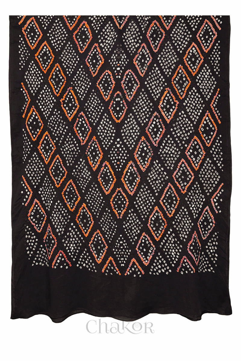 Black Bandhani Mul Cotton Dupatta | Handmade Kutch Bandhej