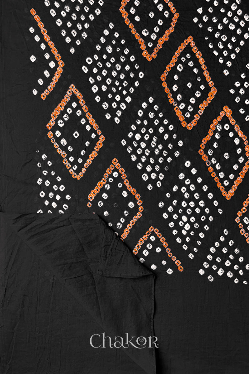 Black Bandhani Mul Cotton Dupatta | Handmade Kutch Bandhej