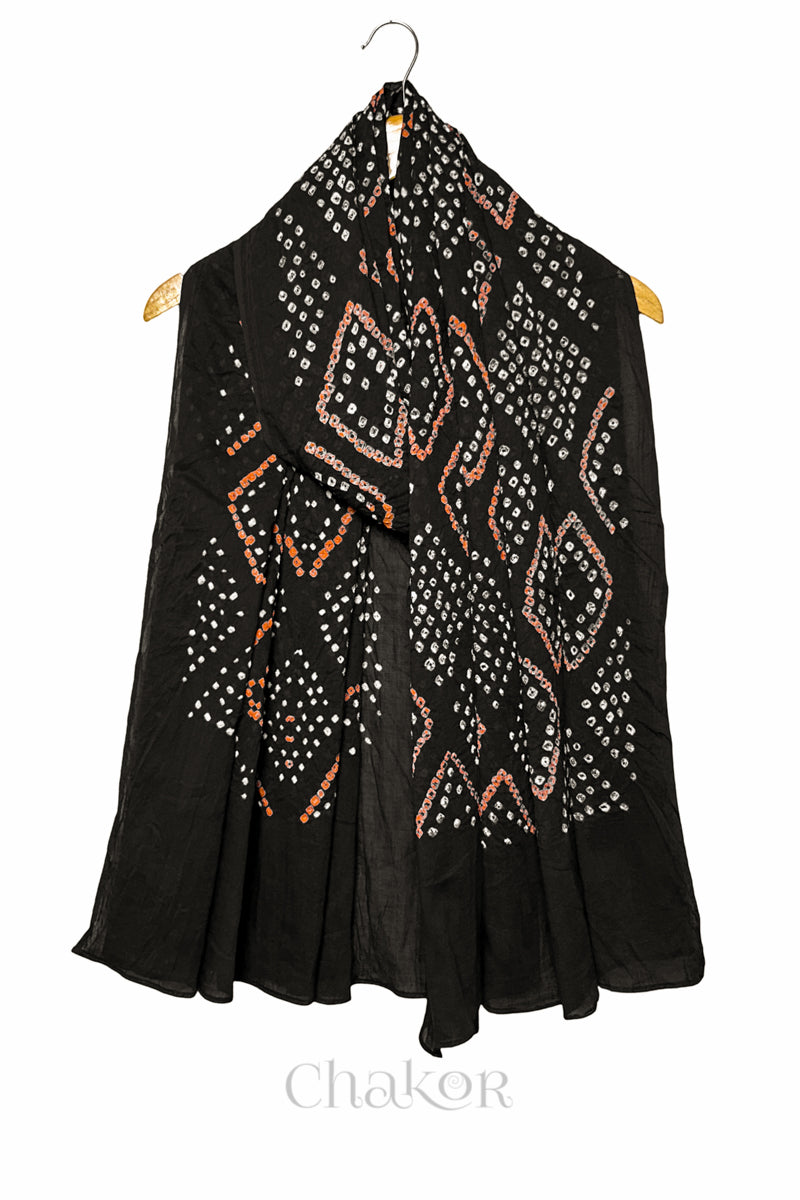 Black Bandhani Mul Cotton Dupatta | Handmade Kutch Bandhej
