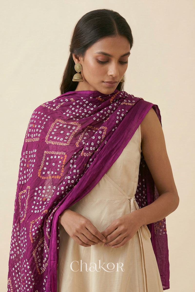Magenta Bandhani Mul Cotton Dupatta | Handmade Kutch Bandhej