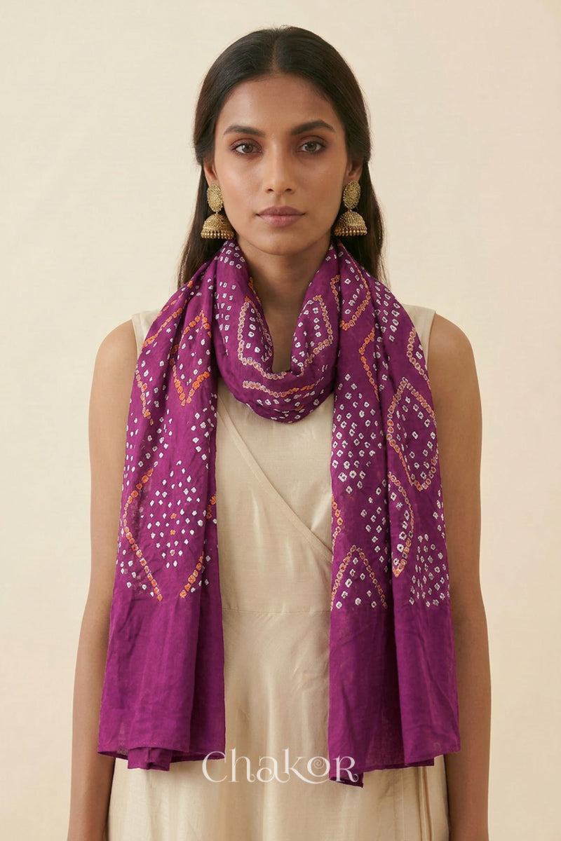 Magenta Bandhani Mul Cotton Dupatta | Handmade Kutch Bandhej