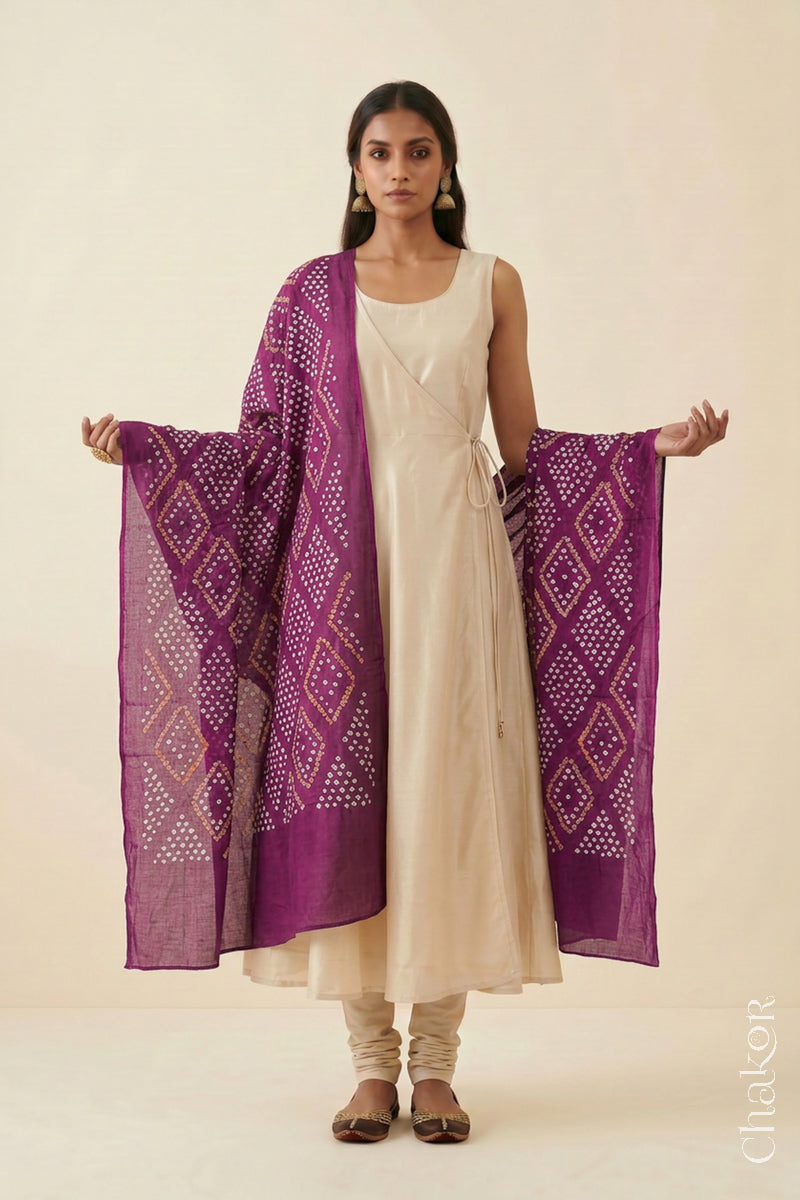 Magenta Bandhani Mul Cotton Dupatta | Handmade Kutch Bandhej