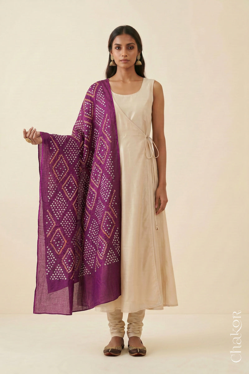 Magenta Bandhani Mul Cotton Dupatta | Handmade Kutch Bandhej