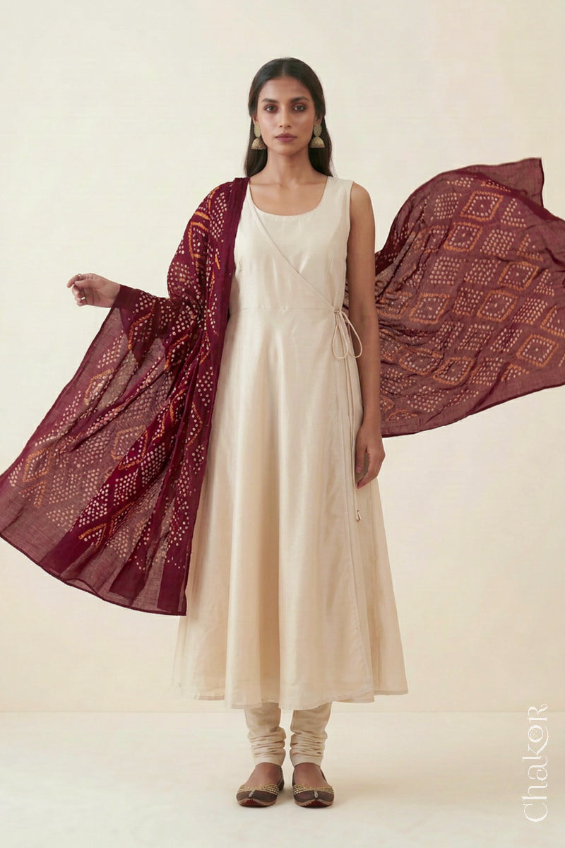 Maroon Bandhani Mul Cotton Dupatta | Handmade Kutch Bandhej