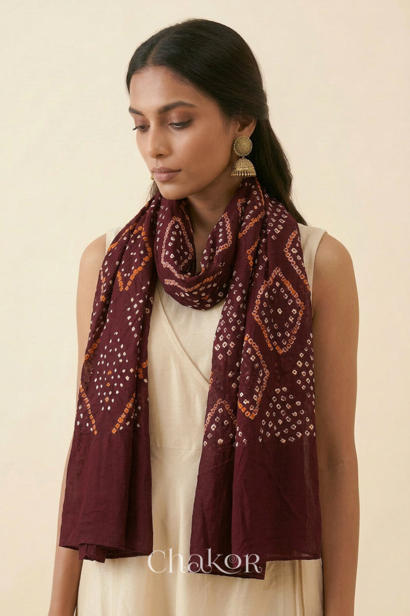 Maroon Bandhani Mul Cotton Dupatta | Handmade Kutch Bandhej