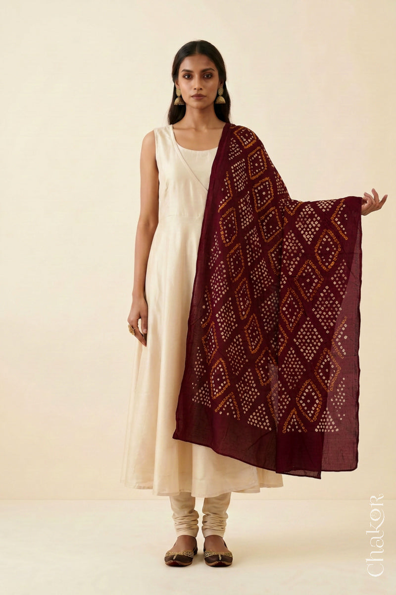 Maroon Bandhani Mul Cotton Dupatta | Handmade Kutch Bandhej