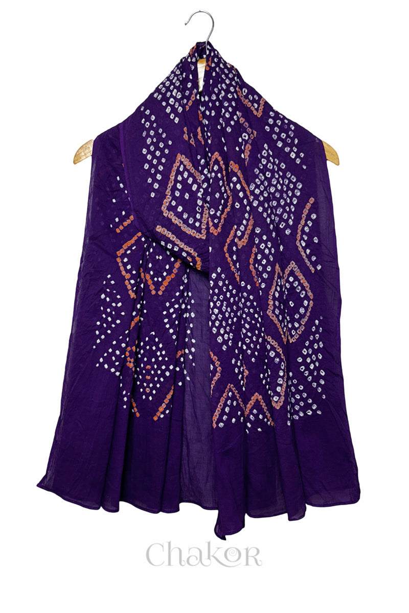 Purple Bandhani Mul Cotton Dupatta – full front view with traditional Chorkat diamond pattern by Chakor.

