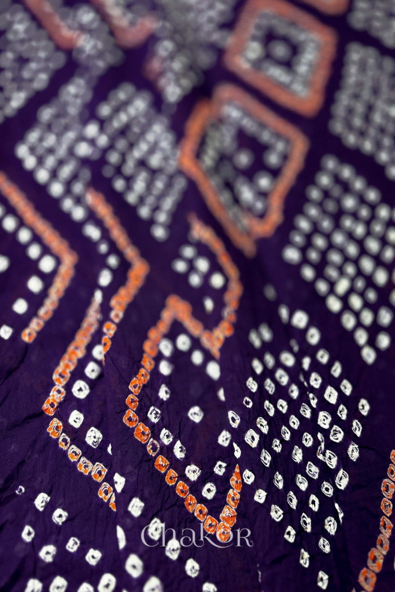 Detailed texture view of Chorkat Bandhani motifs on Purple Mul Cotton Dupatta by Chakor.