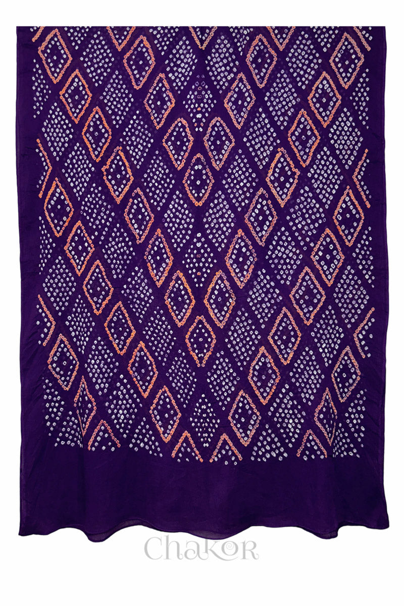 Full spread of Purple Mul Cotton Bandhani Dupatta showcasing overall diamond pattern by Chakor.
