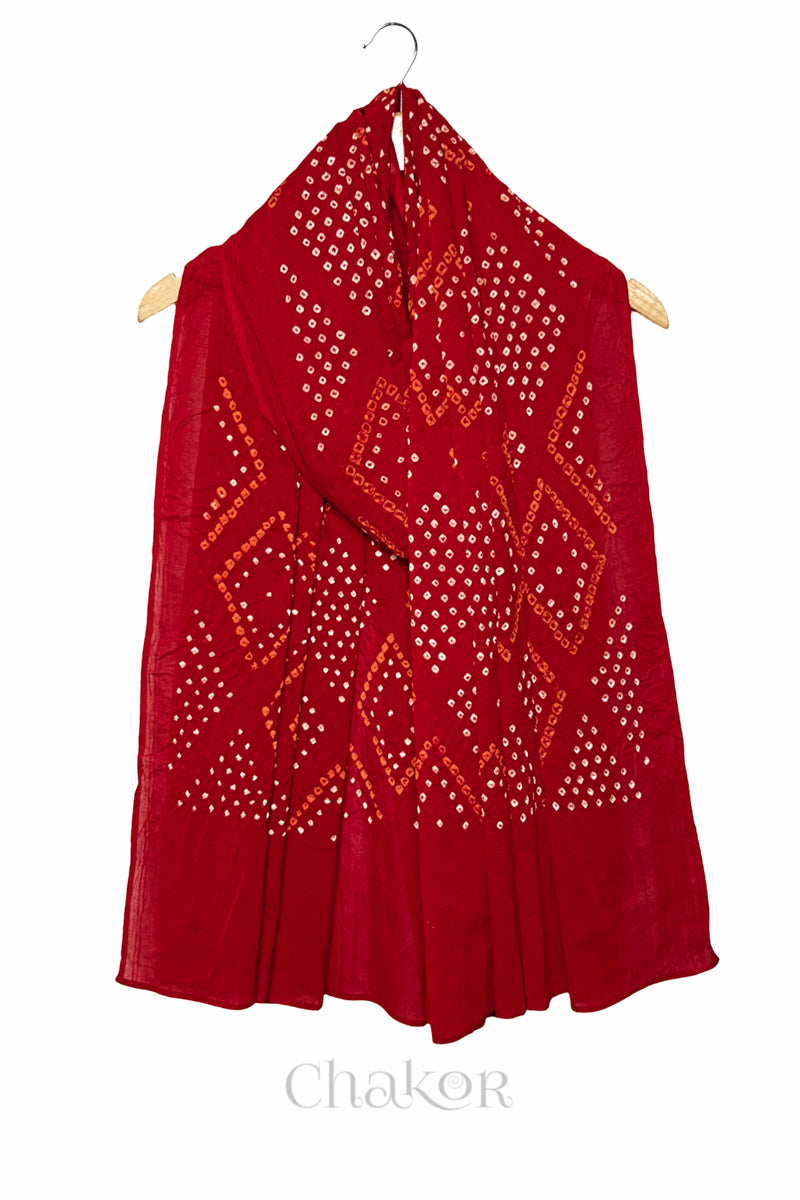 Tomato Red Bandhani Mul Cotton Dupatta – full front view with traditional Chorkat diamond pattern by Chakor.