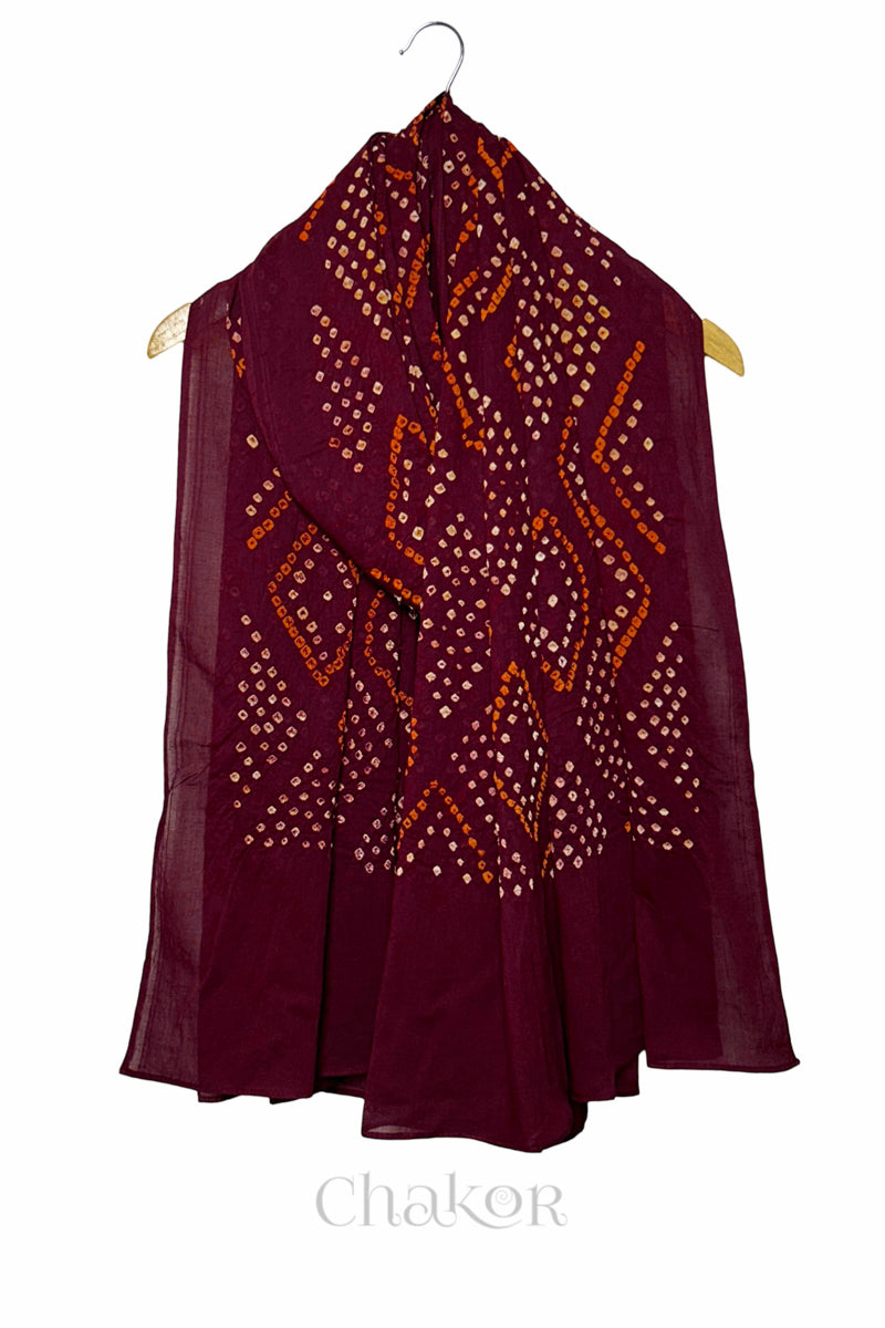 Maroon Bandhani Mul Cotton Dupatta – full front view with traditional Chorkat diamond pattern by Chakor.
