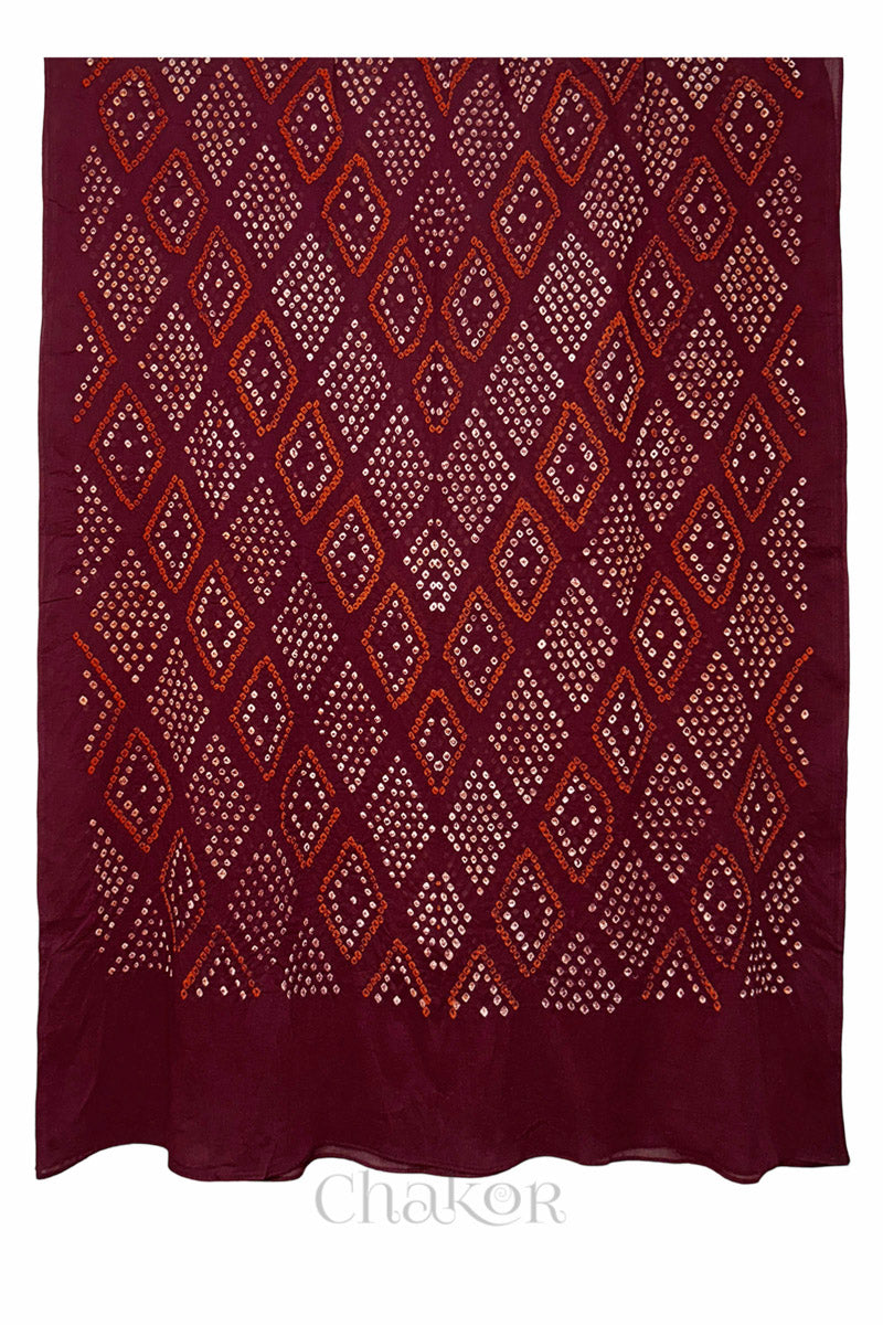 Full spread of Maroon Mul Cotton Bandhani Dupatta showcasing overall diamond pattern by Chakor.
