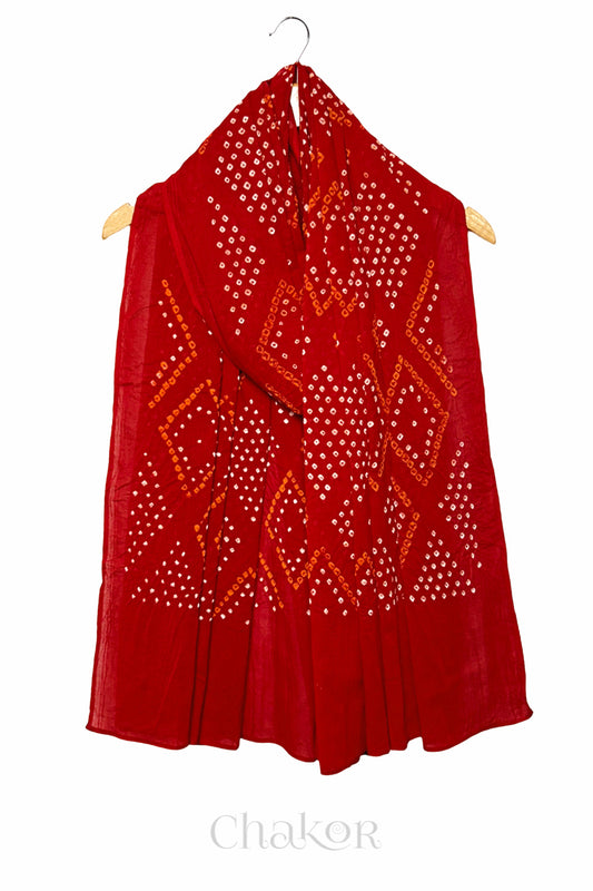 Red Bandhani Mul Cotton Dupatta in Traditional Design for Women's clothing online by Chakor.