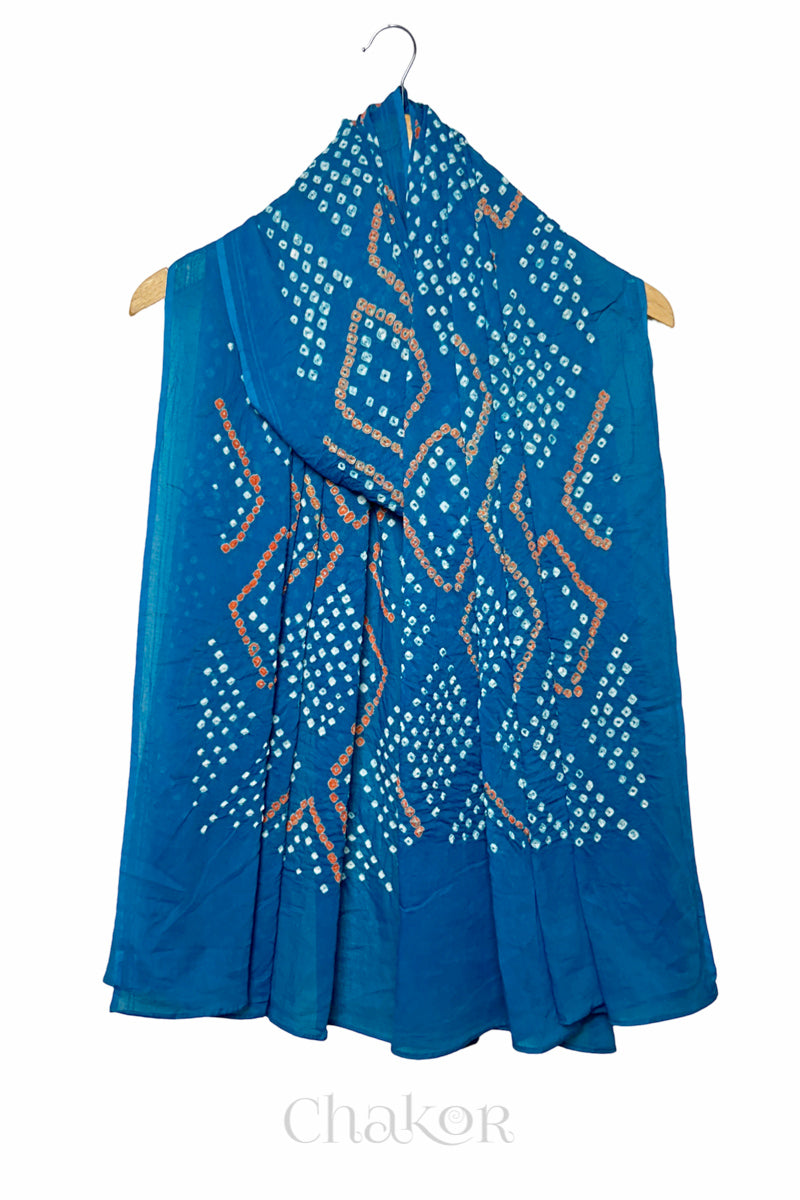 Turquoise Blue Bandhani Mul Cotton Dupatta in Traditional Design for Women's clothing online by Chakor.