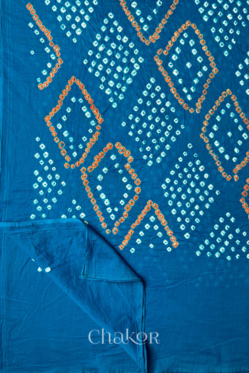 Turquoise Blue Bandhani Mul Cotton Dupatta in Traditional Design for Women's clothing online by Chakor.