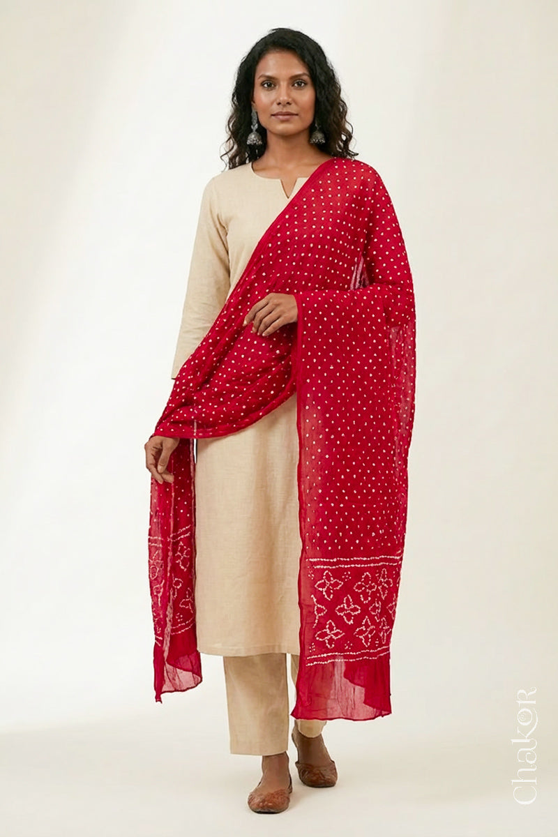 Red Bandhani Mul Cotton Dupatta | Handmade Bandhej from Kutch