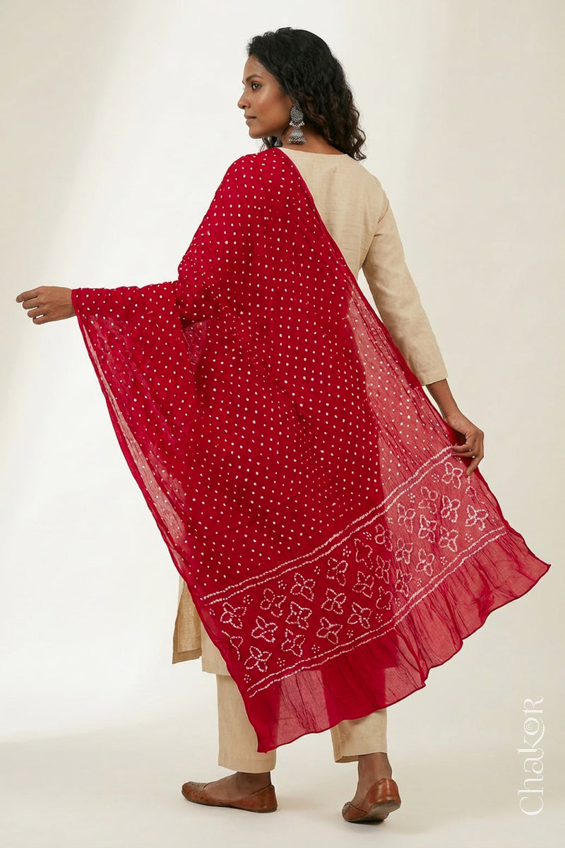 Red Bandhani Mul Cotton Dupatta | Handmade Bandhej from Kutch