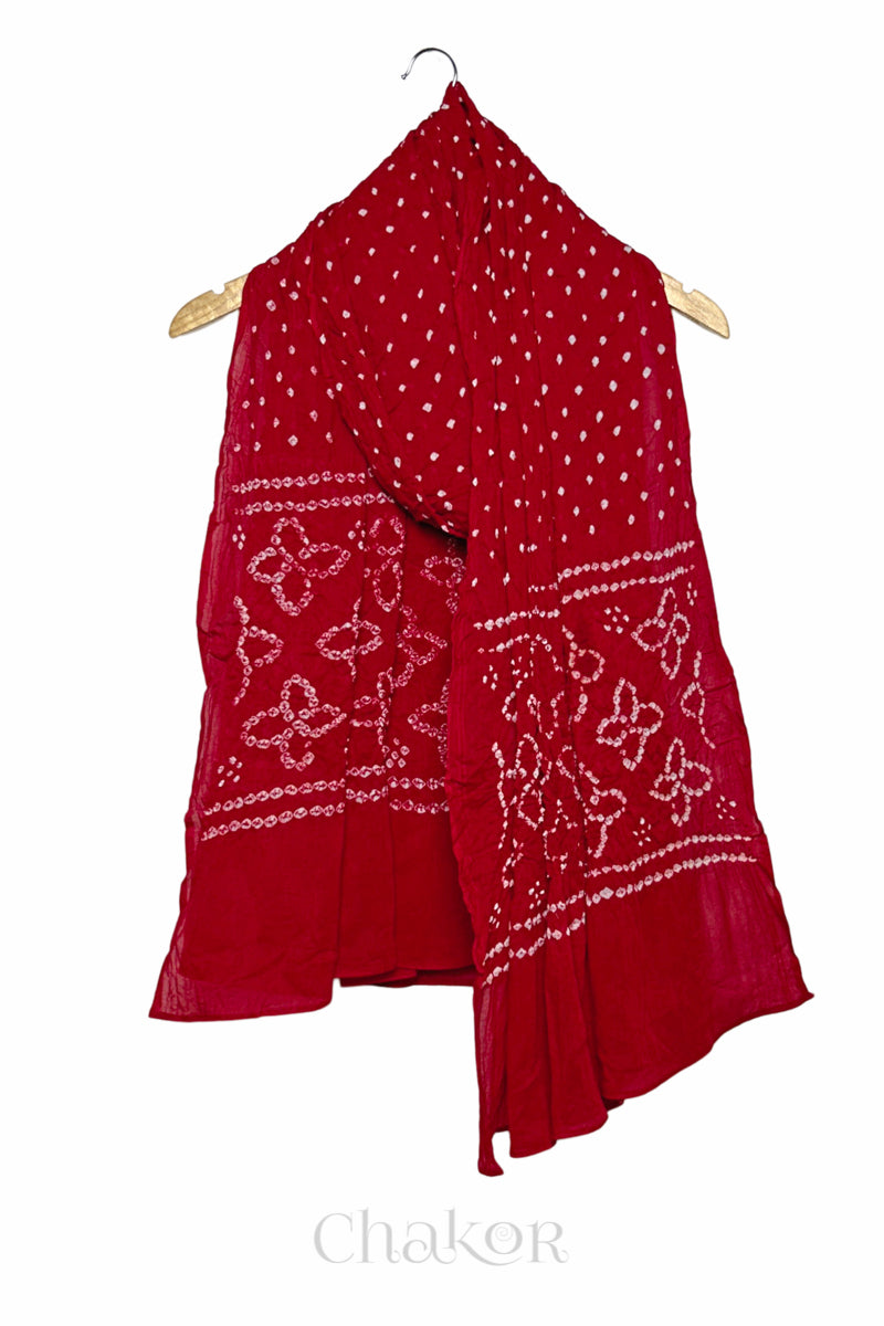 Red Bandhani Mul Cotton Dupatta | Handmade Bandhej from Kutch