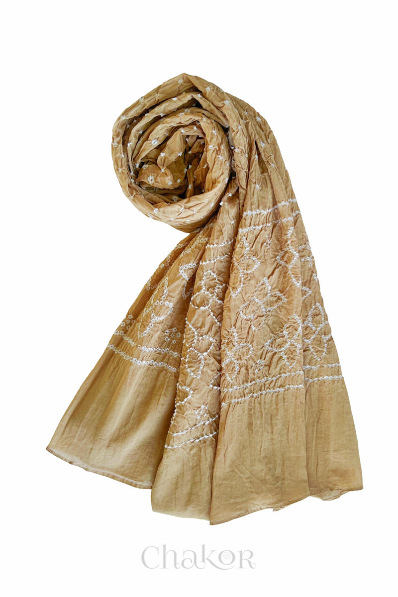 Beige Traditional Bandhani Mul Cotton Dupatta by Chakor.