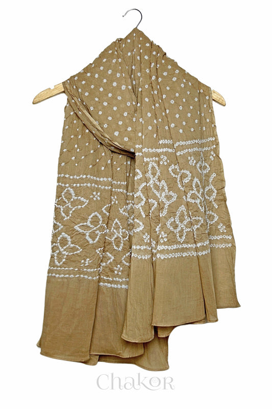 Beige Traditional Bandhani Mul Cotton Dupatta by Chakor.
