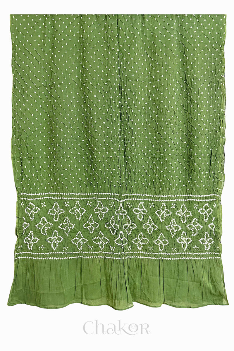 Olive Green Traditional Bandhani Mul Cotton Dupatta by Chakor.