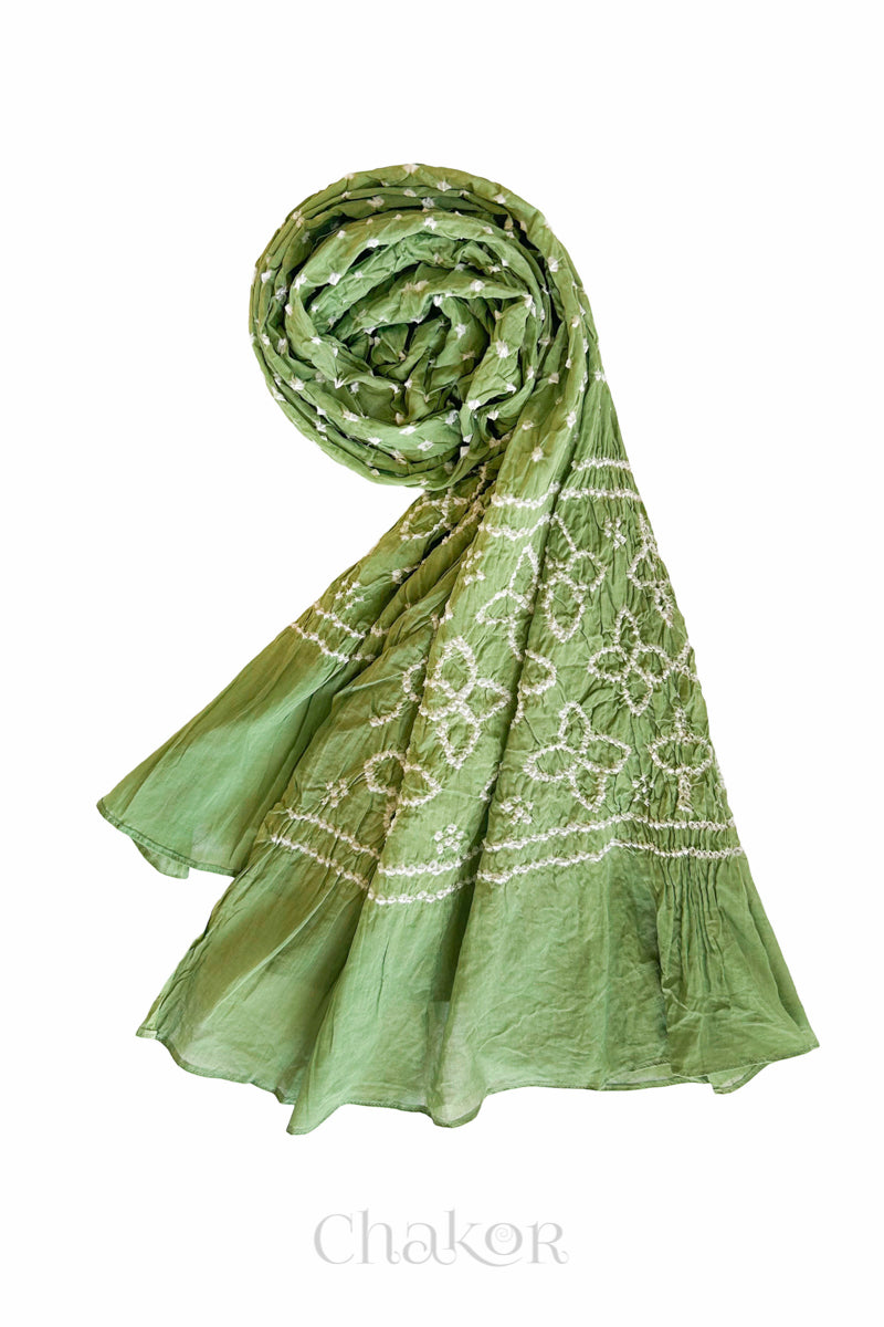 Olive Green Traditional Bandhani Mul Cotton Dupatta by Chakor.