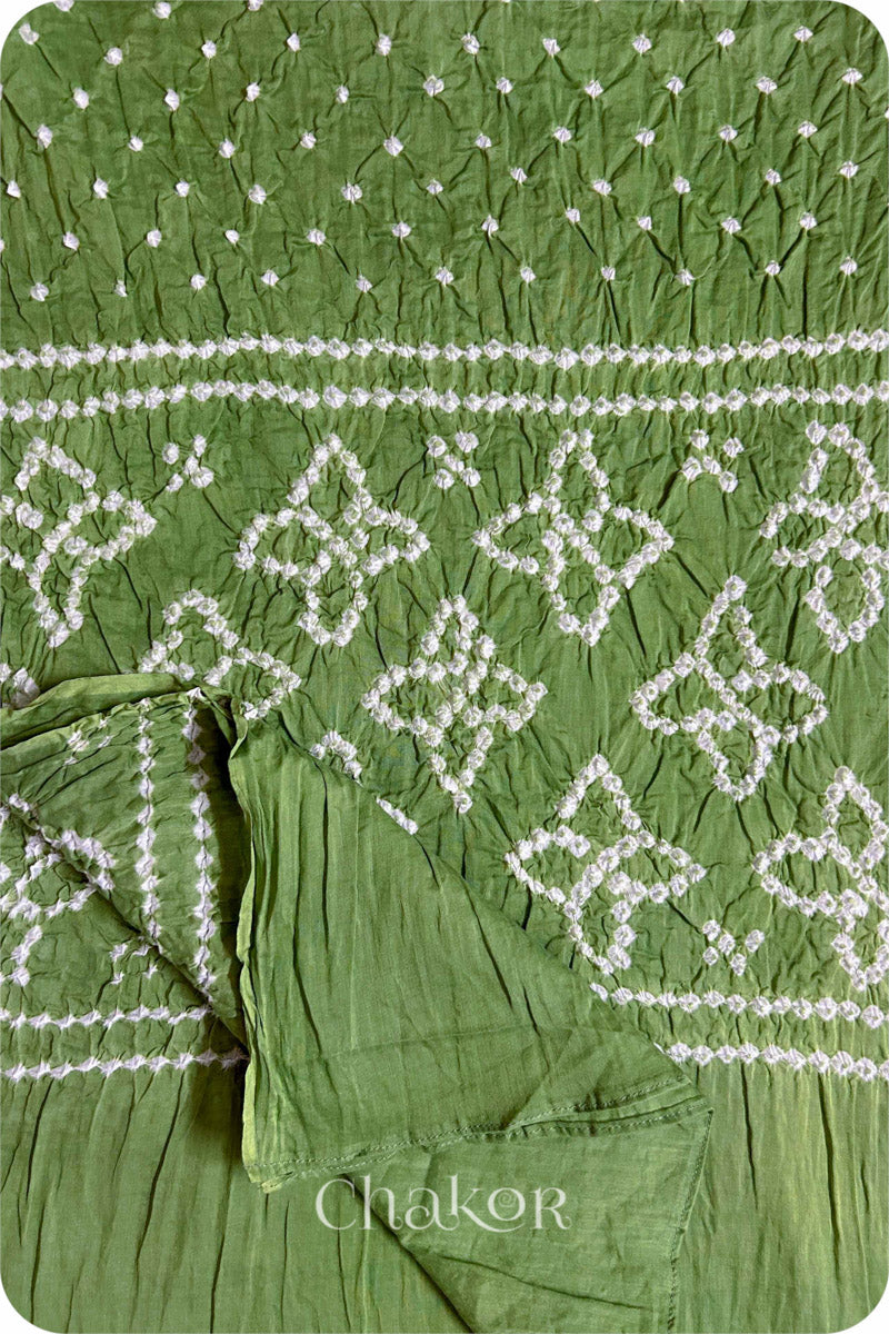 Olive Green Traditional Bandhani Mul Cotton Dupatta by Chakor.