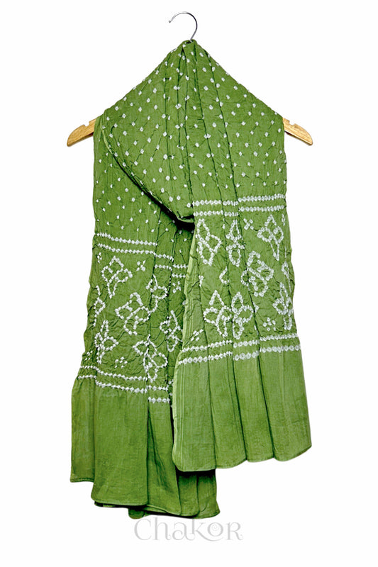 Olive Green Traditional Bandhani Mul Cotton Dupatta by Chakor.