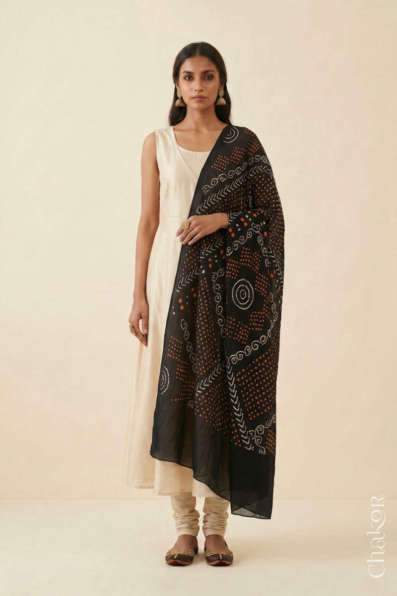 Black Bandhani Mul Cotton Dupatta | Handmade Kutch Bandhej