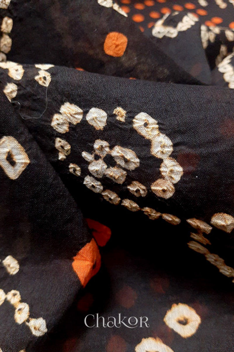 Black Bandhani Mul Cotton Dupatta | Handmade Kutch Bandhej