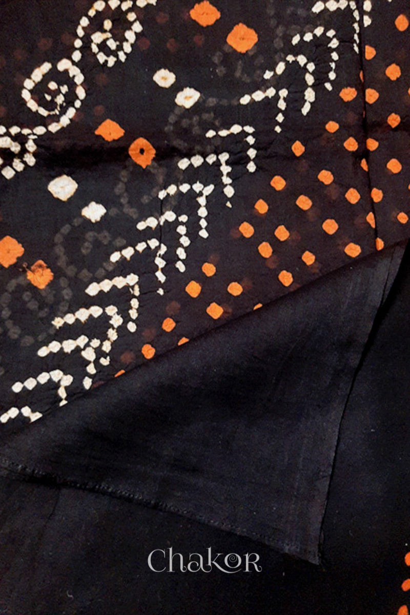 Black Bandhani Mul Cotton Dupatta | Handmade Kutch Bandhej